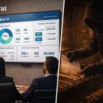 لقطة مقربة لواجهة داشبورد Aqarat بالعربية مع فريق عربي في الخلفية؛ تصميم بانر مدقق لمدونة.