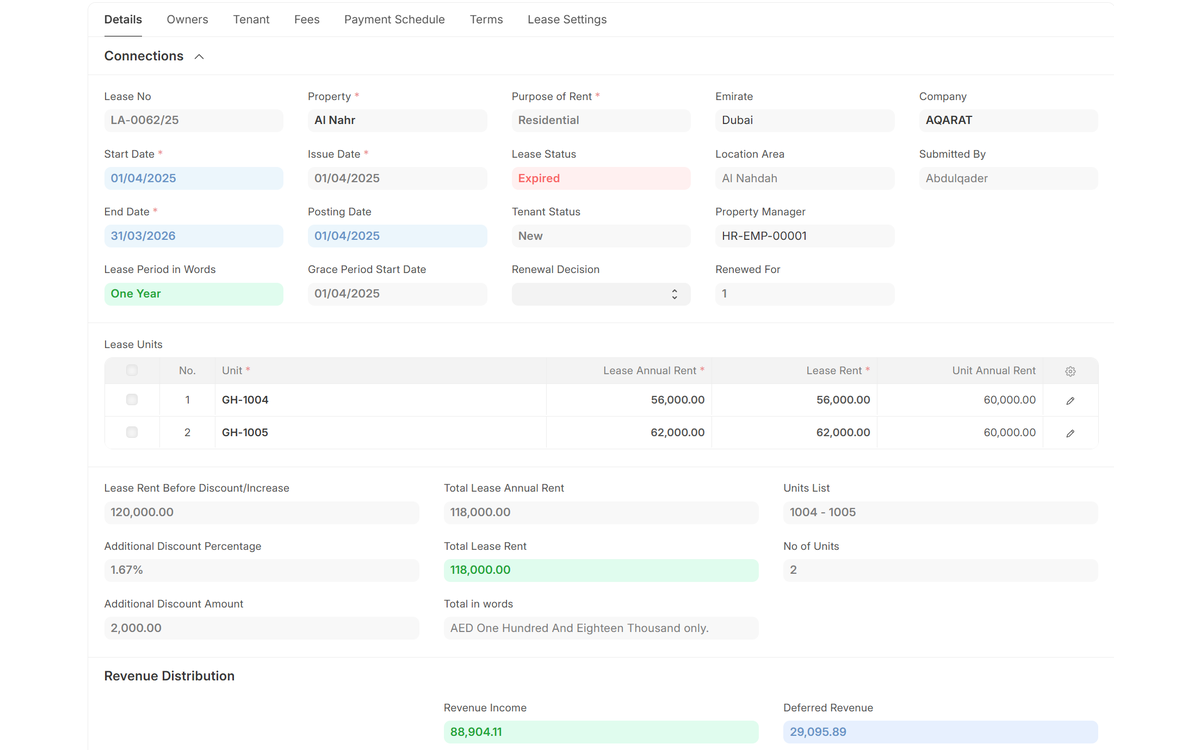 Lease agreement screen in Aqarat property management software