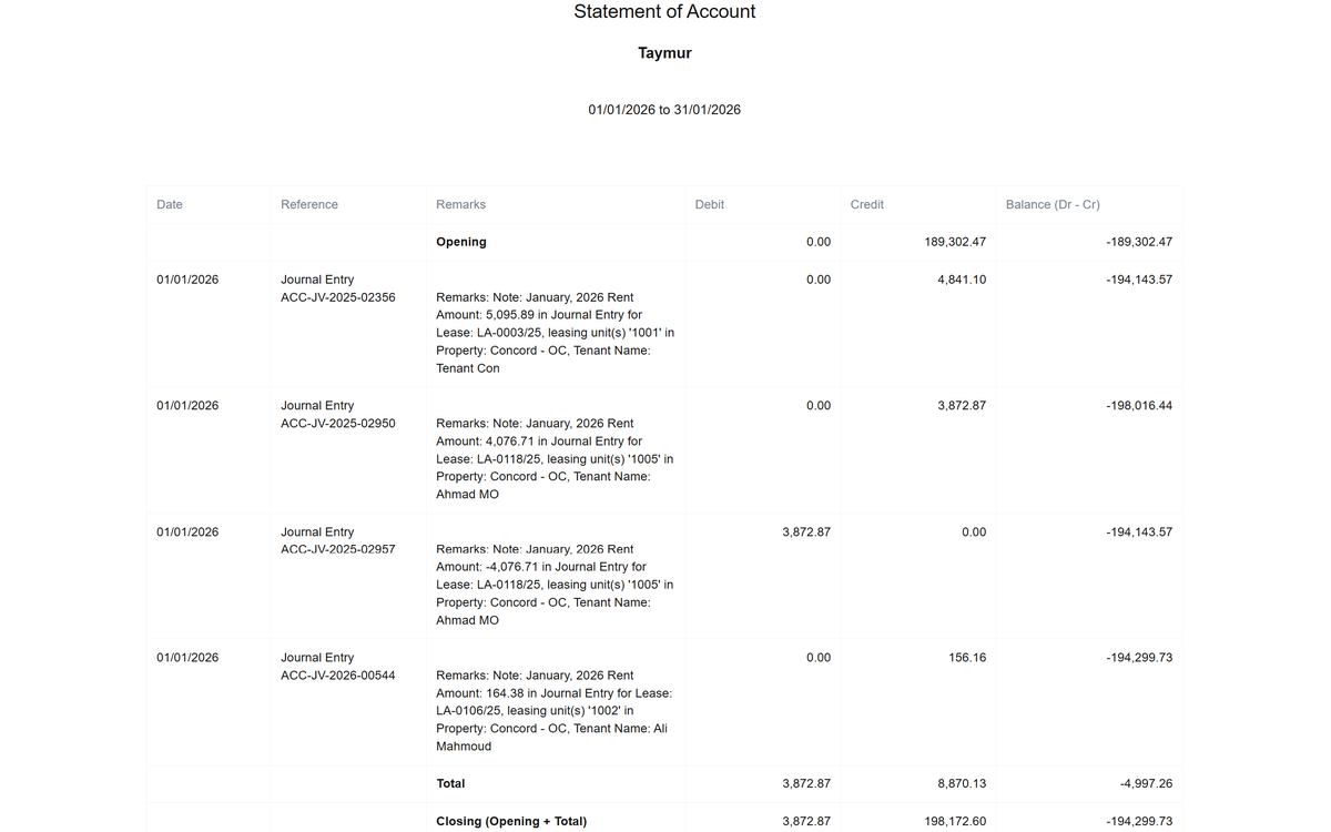 Owner statement report in Aqarat real estate ERP software