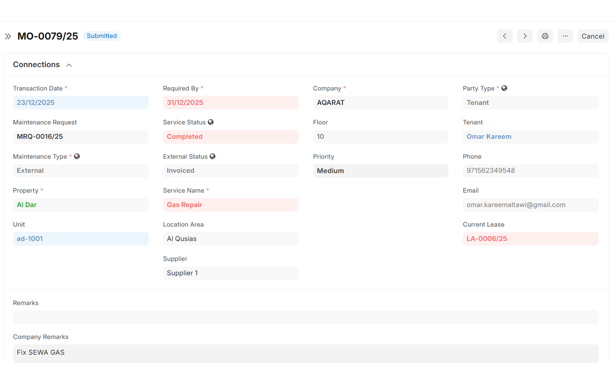 Maintenance order workflow in Aqarat property management software